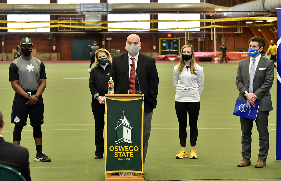 SUNYAC Commissioner, Tom Di Camillo answers questions at press conference, Tuesday at Oswego State.